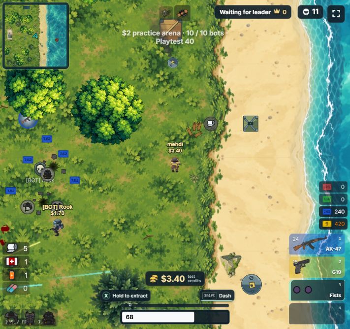 Gameplay showing the minimap at top left, player names and balances overhead, ammo on the right and health and held credits along the bottom